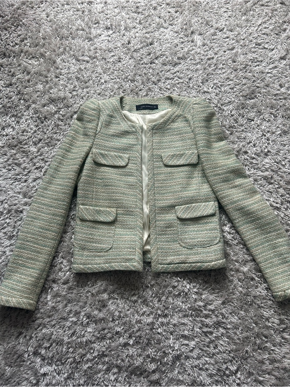 Zara Mint Green Tweed Open-Front Jacket